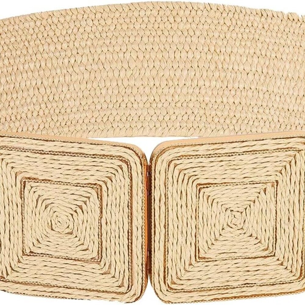 Women's Straw Wide Belt Elastic Waistband Symmetrical Buckle Casual Formal
